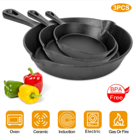 3Pcs Pre-Seasoned Cast Iron Skillet Set 6/8/10in Non-Stick Oven Safe Cookware Heat-Resistant Frying Pan
